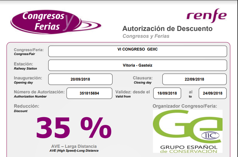 ¡Atención!, descuento del 35% en RENFE para AVE y Larga Distancia para asistentes al VI Congreso del GEIIC